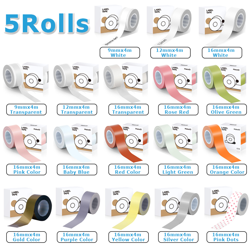 Label Printer Tape - 5 rotoli 9mm 12mm 16mm (4